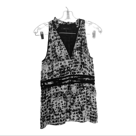 BCBGMAXAZRIA Sleeveless V-Neck Blouse Black Gray Abstract Print Silk Size XS - Picture 1 of 9
